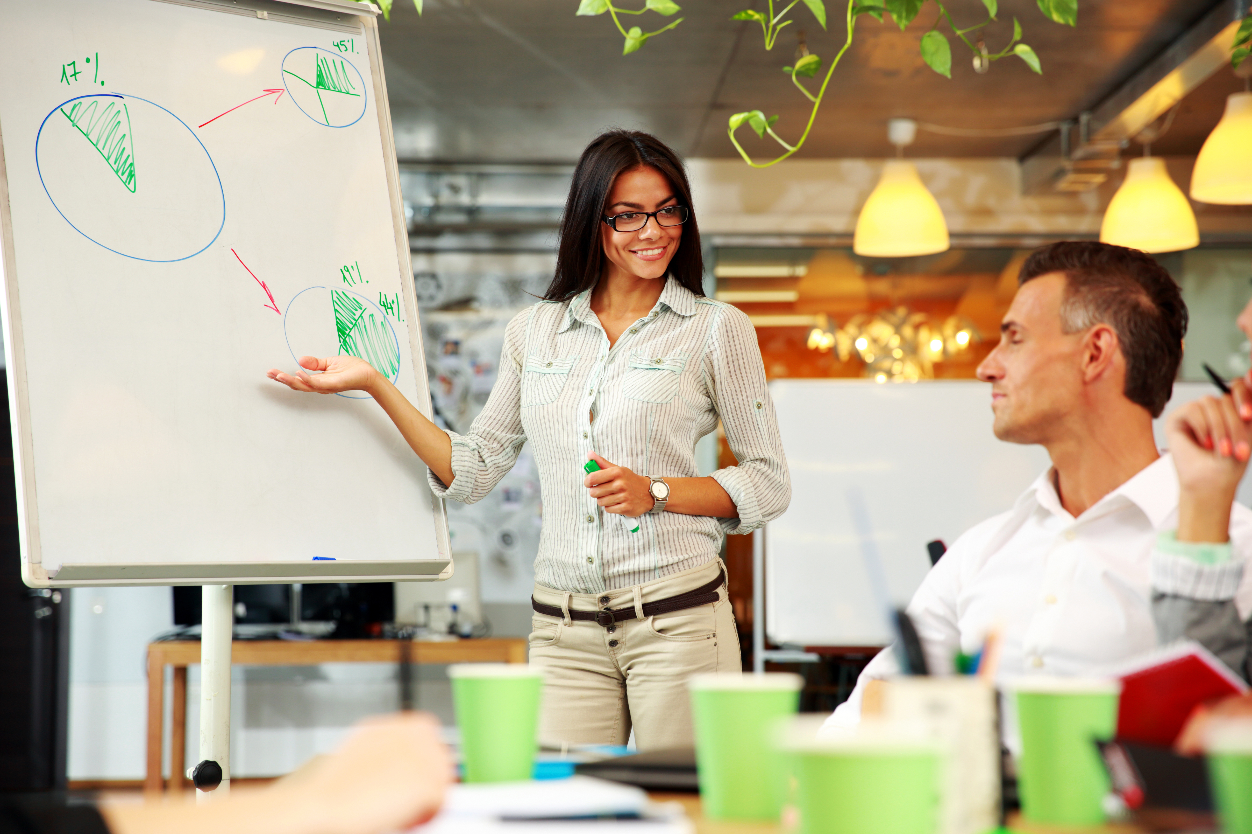 Young happy businesswoman explaining graph to his colleagues