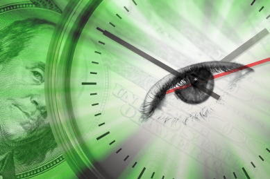 Conceptual montage themed around money with a clock and an eye in the center of the dial.